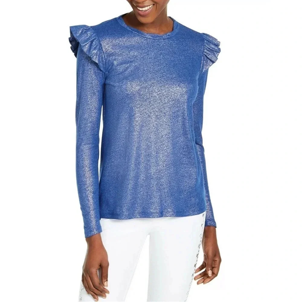 Michael Kors Metallic Linen Blue Ruffle Blouse Top